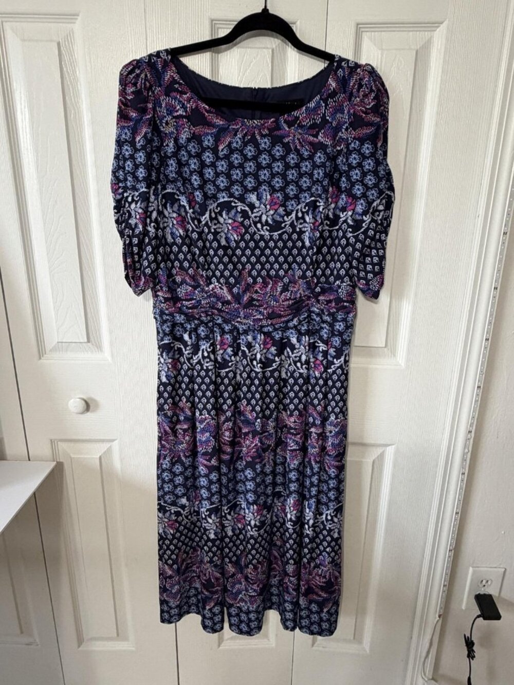 Jessica Howard Dress Womens 16 Blue Floral Half Sleeve Fit Flare Midi Ruched